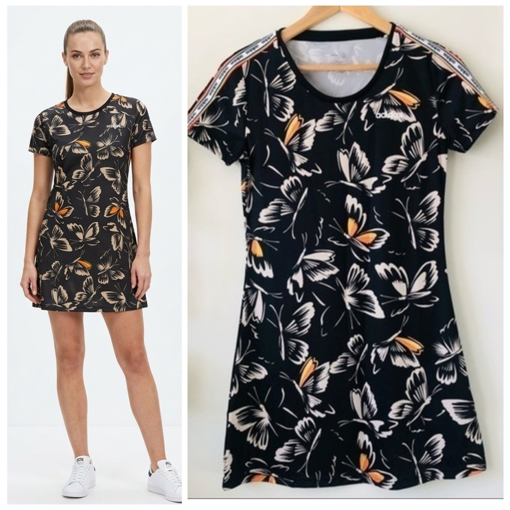 adidas x Farm Rio Black Butterfly Print Dress Size XS Brazilcore Athleisure Boho - Picture 14 of 14
